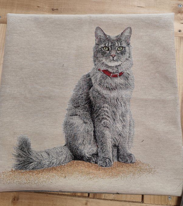 Housse de Coussin Chat Gris collier rouge